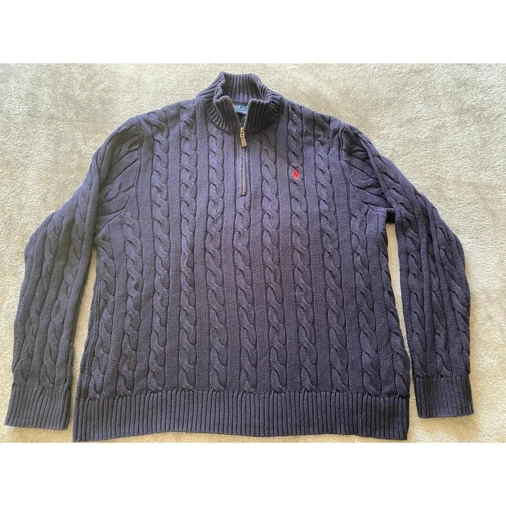 Polo Ralph Lauren Cable Knit 1/4 Zip Sweater Prep Navy Red Pony XL Poetcore s10